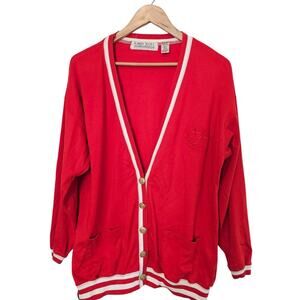 Vintage Karen Scott Cardigan Womens Lg Red Preppy Nautical Cottage Academia 80s
